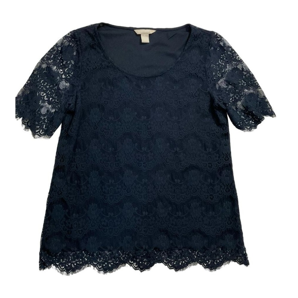 Banana Republic Women Size Small Navy Blue Lace Short Sleeve Blouse (34-542)